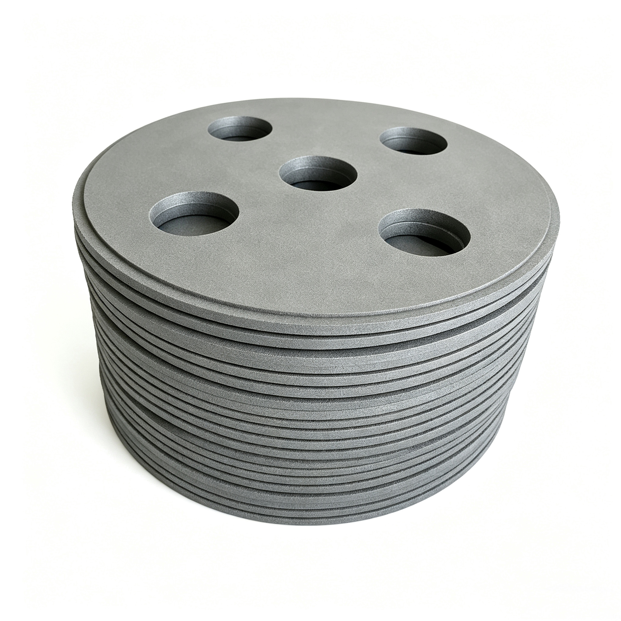 Bulk graphite disc stack with five-hole pattern and center bore, side view showing batch production quantity, Ningheda high-volume carbon sintering trays for industrial furnace operations