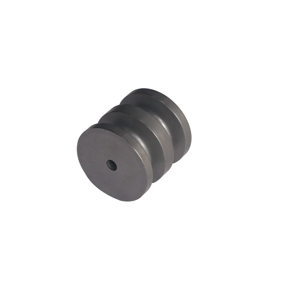 Twin-groove graphite wheel side profile showing precise groove depth and spacing, engineered for dual-component fiber or two-color yarn synchronized collection