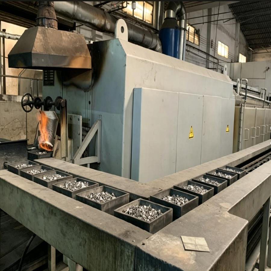 Powder metallurgy continuous sintering furnace with graphite boats arranged on conveyor system for batch processing of metal and ceramic powder compacts