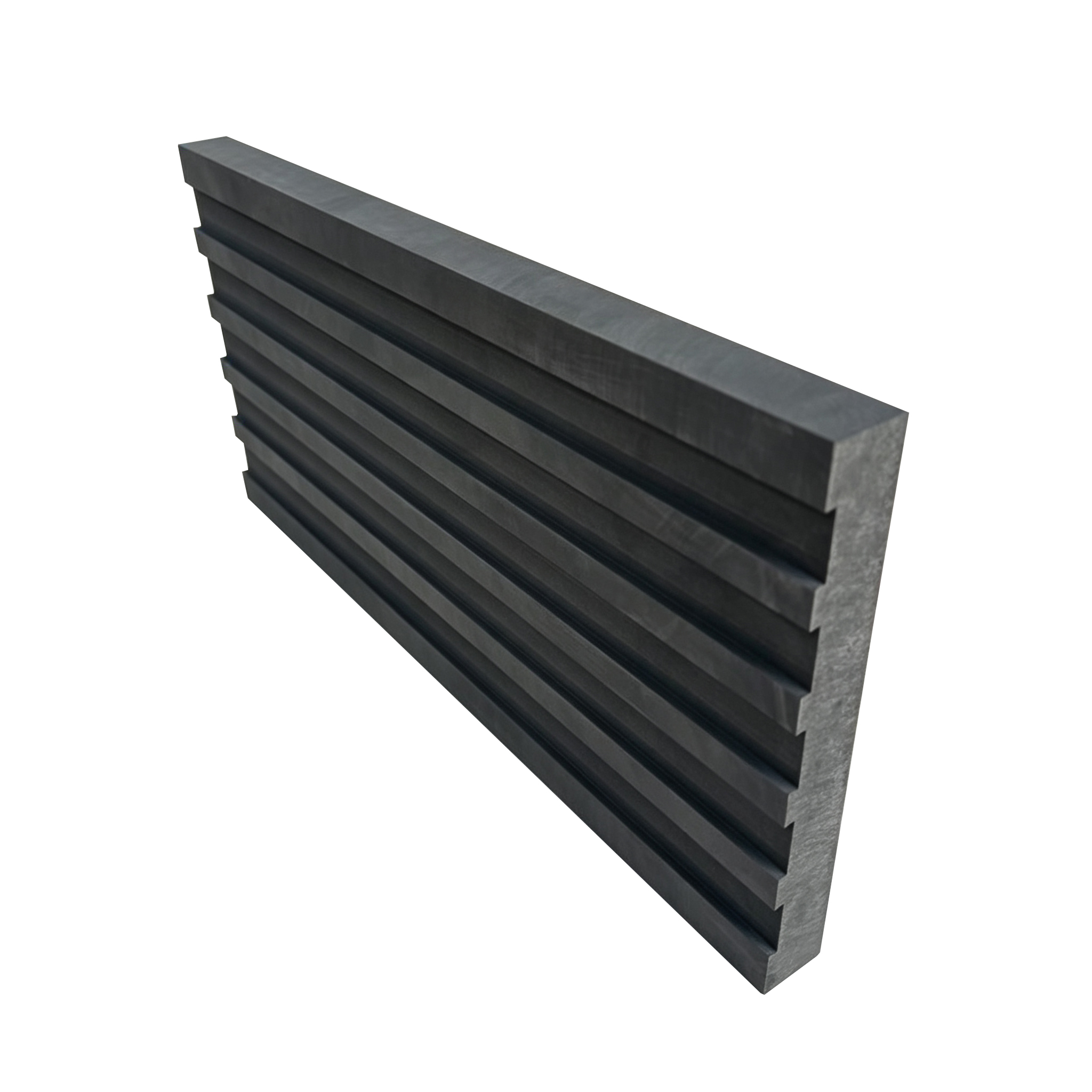 Side view of grooved graphite plate showing precise CNC machining depth and groove spacing - NHD Carbon