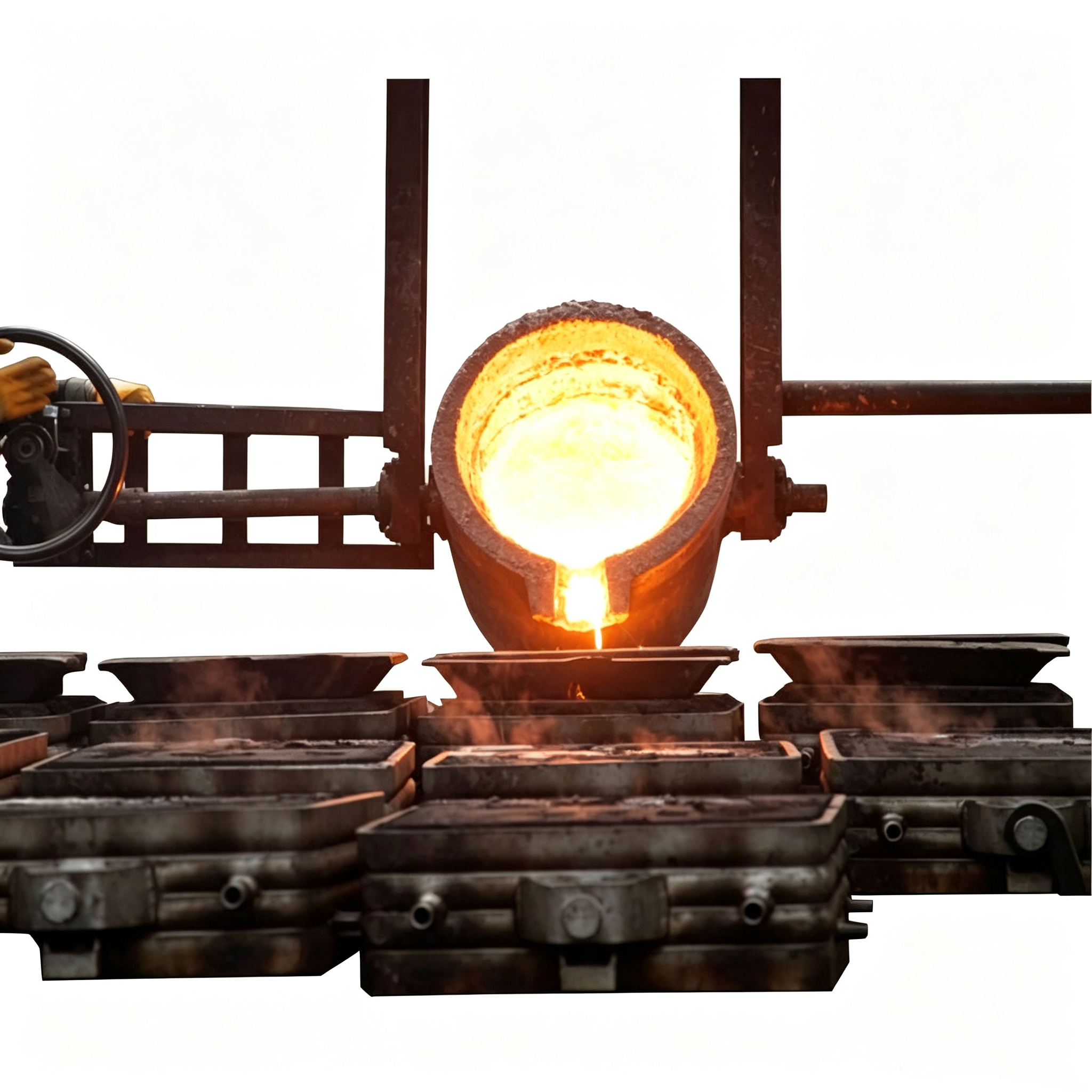 Precious metal melting and pouring using graphite crucible in industrial foundry, molten gold silver platinum being cast into molds, high temperature smelting process with NHD Carbon crucibles