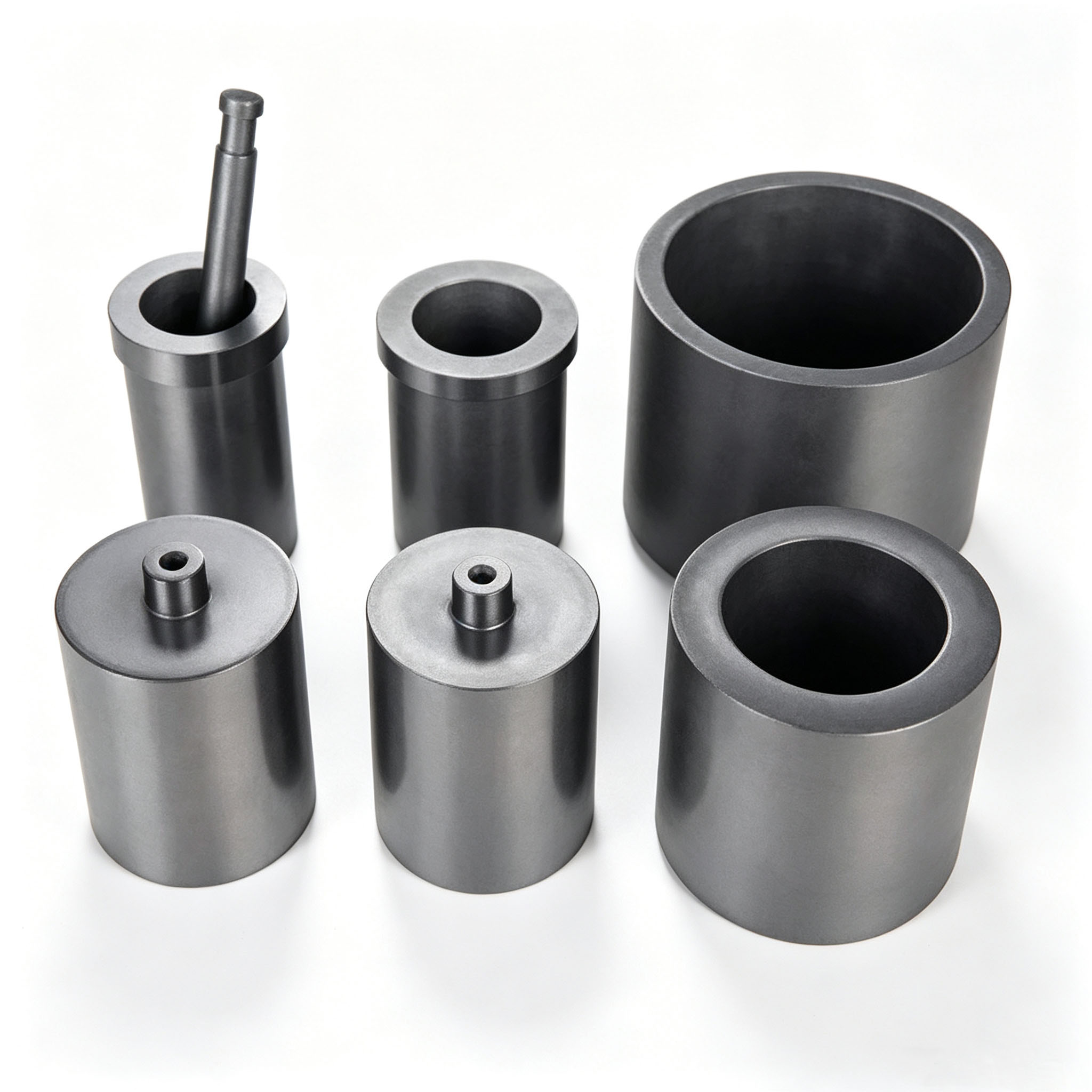 High density isostatic graphite crucible set with multiple sizes, equipped with customized graphite plunger rod, anti-oxidation graphite melting pots for gold, silver, copper jewelry casting and industrial smelting furnaces, OEM dimension support