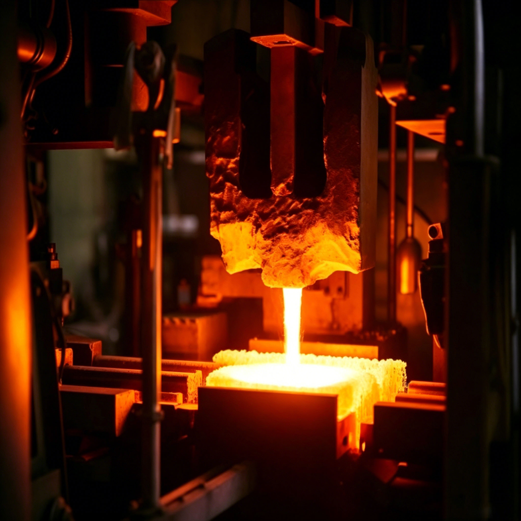 Molten non-ferrous and precious metal pouring from a graphite crucible into a graphite boat mold during high-temperature casting, illustrating precision casting processes for copper, aluminum, gold, and silver alloys