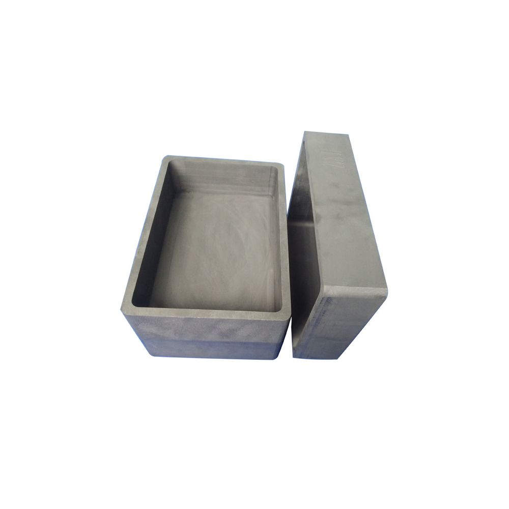 High-purity rectangular graphite box with lid, used for high-temperature sintering of powder materials, featuring smooth surface and precise edges