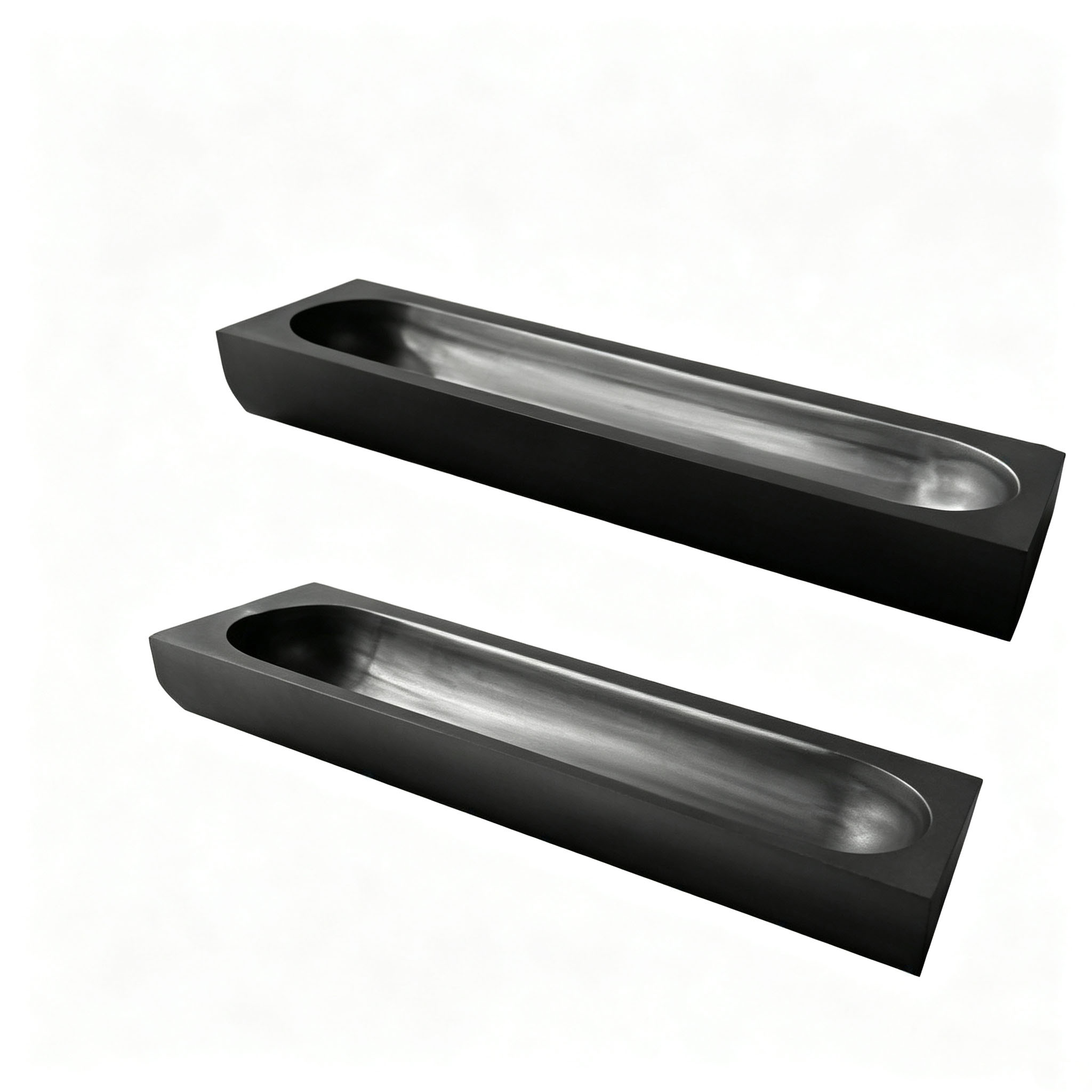 Pair of long semicircular graphite boat top view, high density graphite sintering boat