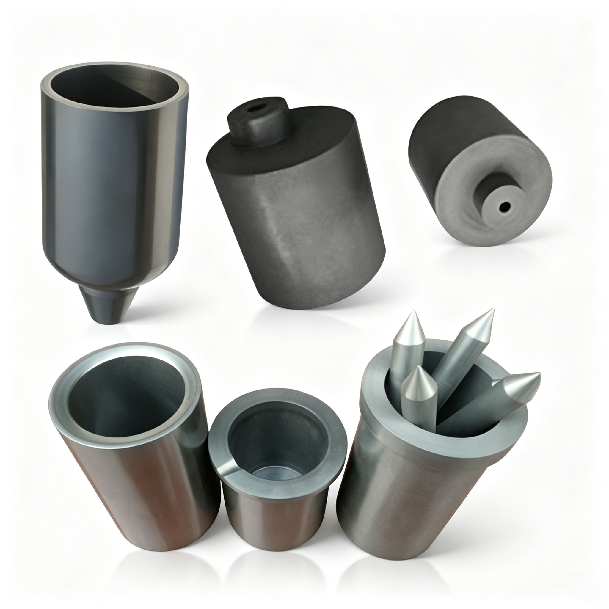 All Types High Purity Center Hole Graphite Crucible Collection, Taper Spout, Straight Cylinder, Notched Graphite Melting Pots For Gold Copper Aluminum Alloy Smelting