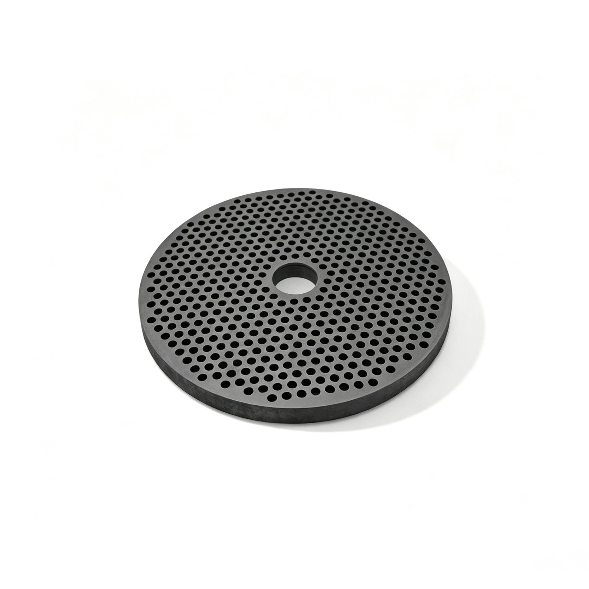 Thick-wall graphite perforated disc 3D model with heavy-duty structure and center hole, robust porous carbon sintering tray designed for high-load powder metallurgy applications
