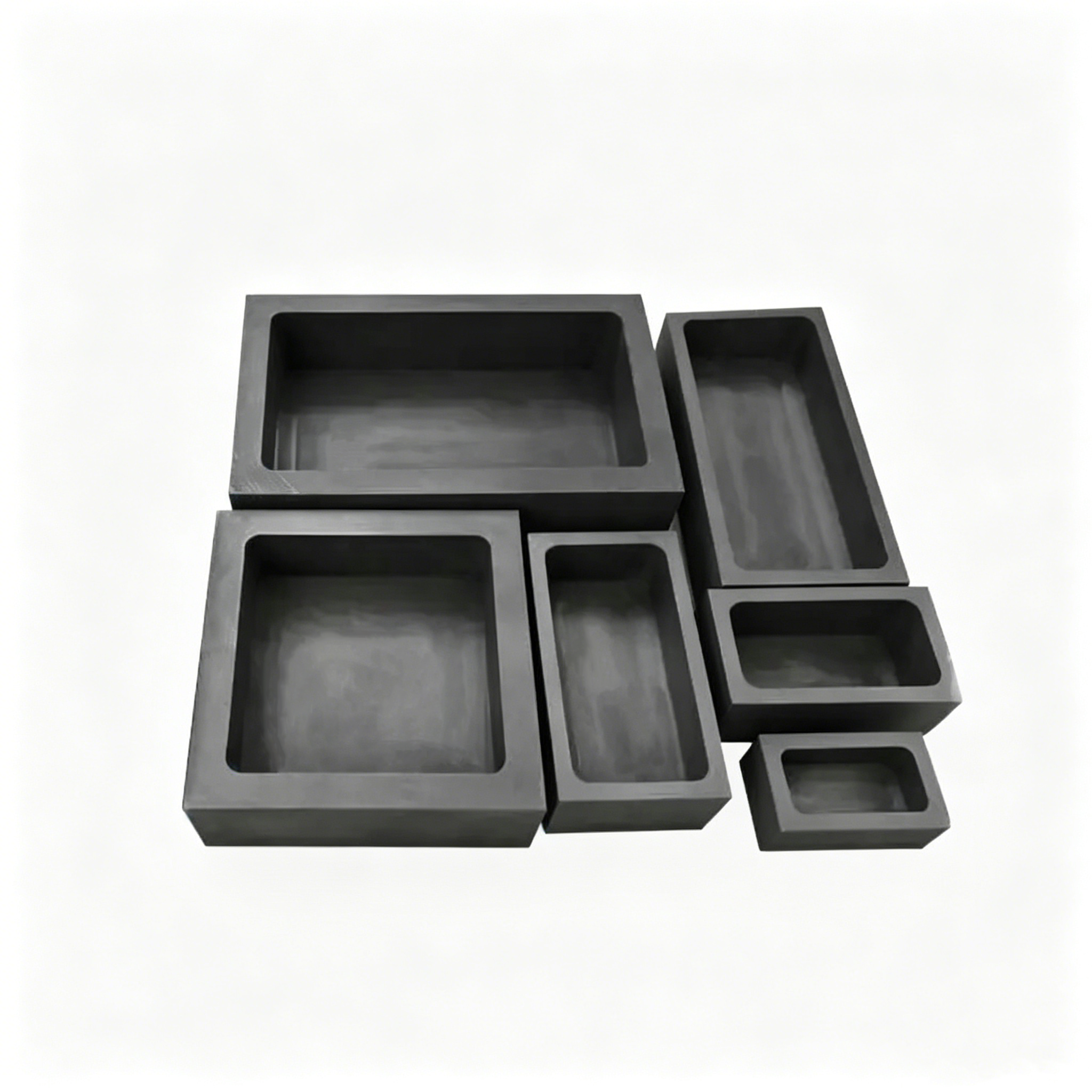 Family of CNC machined graphite boats in various sizes, custom carbon containers for metallurgy casting and powder sintering applications