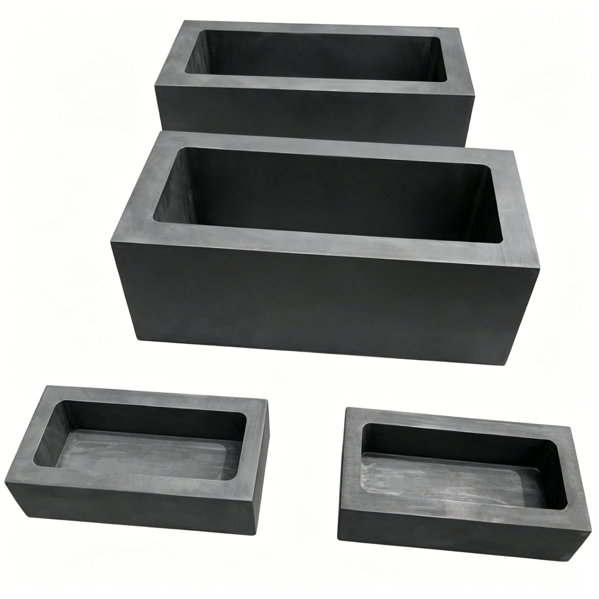 Custom machined graphite boats in multiple sizes for metallurgy and casting, high-density carbon containers for molten metal processing