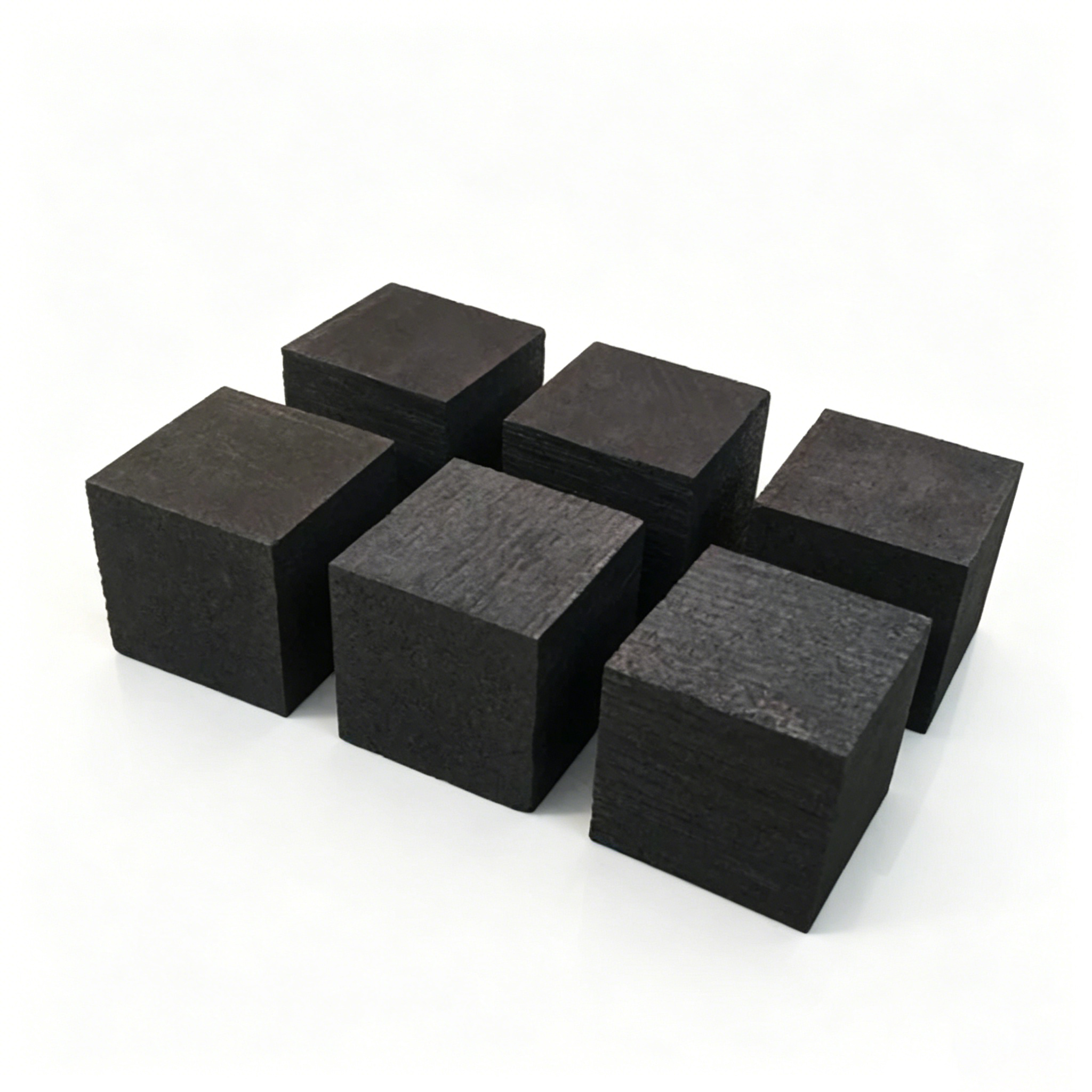 Six medium grain vibration molded graphite cubes displayed on white background, showing natural coarse particle texture and uniform block shape, 0.8mm-2.0mm grain size available