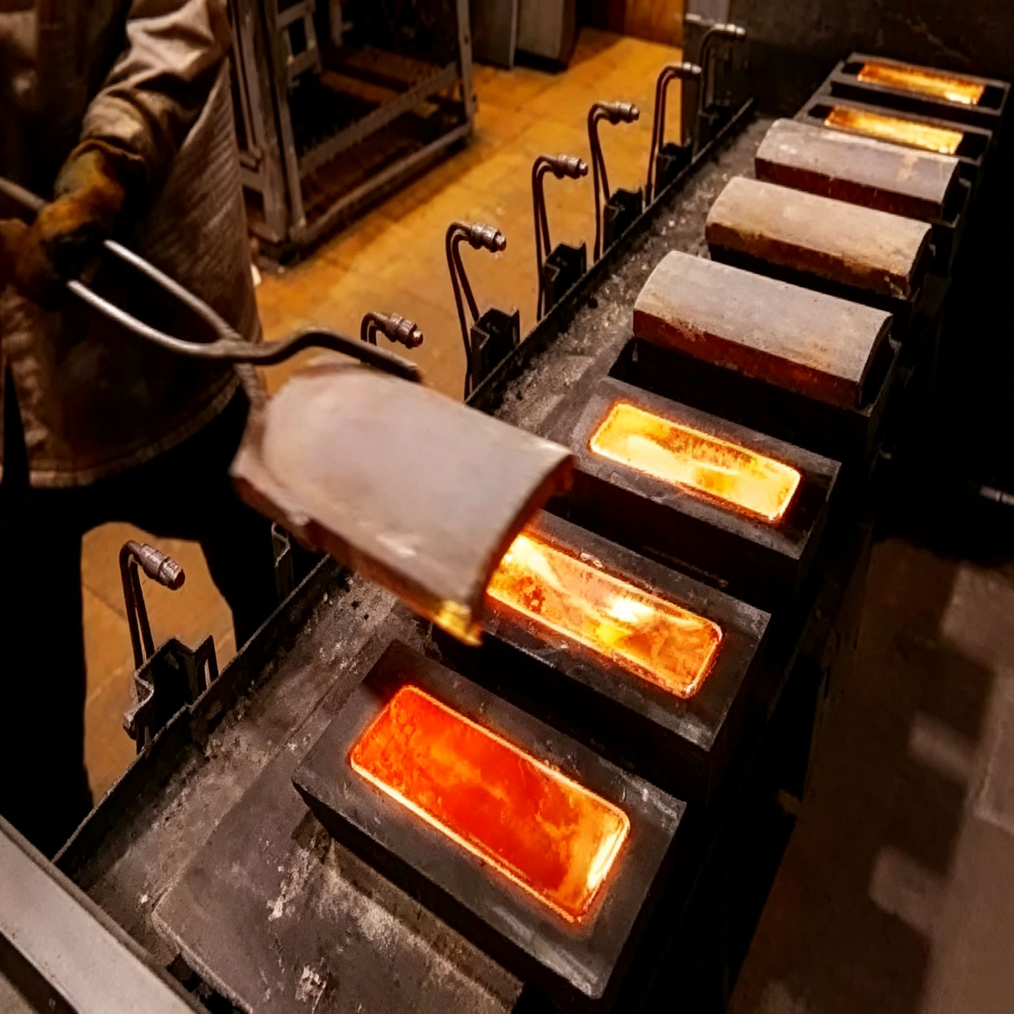 Graphite ingot mold in metal casting site worker pouring molten metal into molds for gold and silver ingot casting