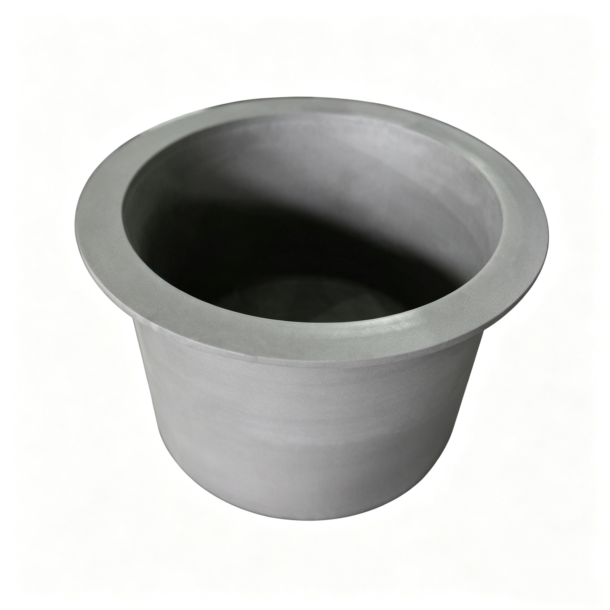 Tapered graphite crucible wide top narrow bottom angled view, thick wall conical design for controlled molten metal flow, rounded base industrial smelting pot NHD Carbon