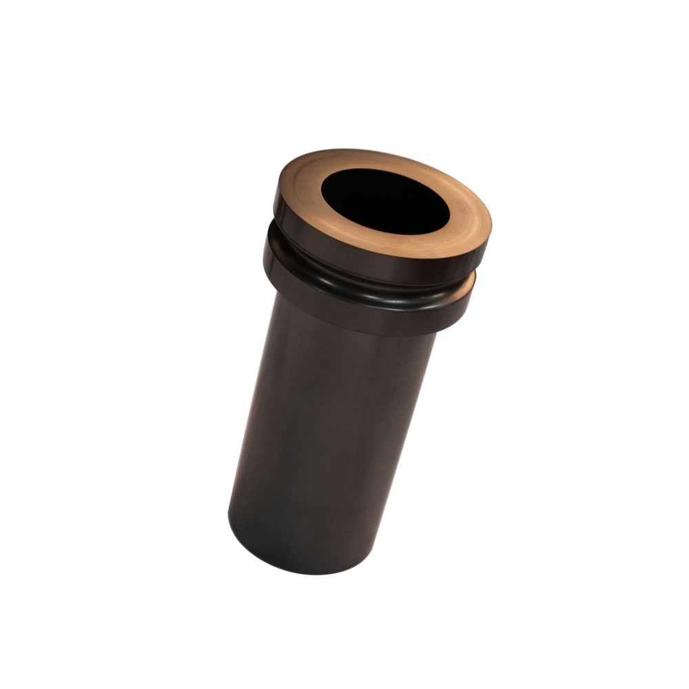 Polished double ring graphite crucible tilted top view, showing precision machined ring collar and smooth inner cavity