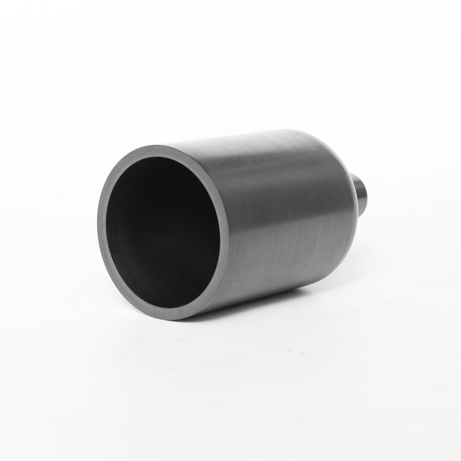 Side shot of open cavity graphite crucible with integrated taper spout, polished smooth inner wall to reduce metal adhesion for gold melting production