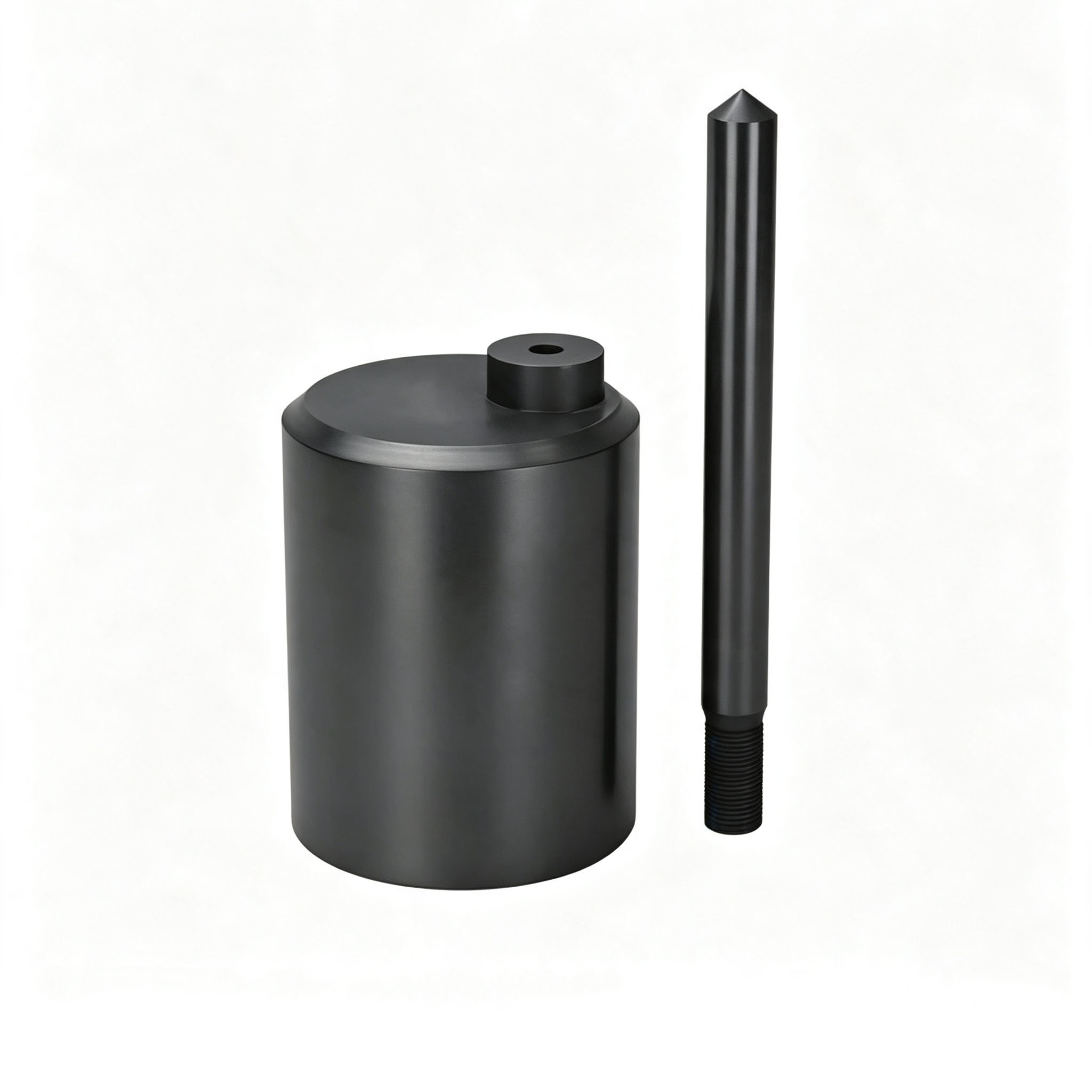 Custom machined vertical graphite crucible paired with pointed threaded graphite stirring rod for platinum and palladium metal melting