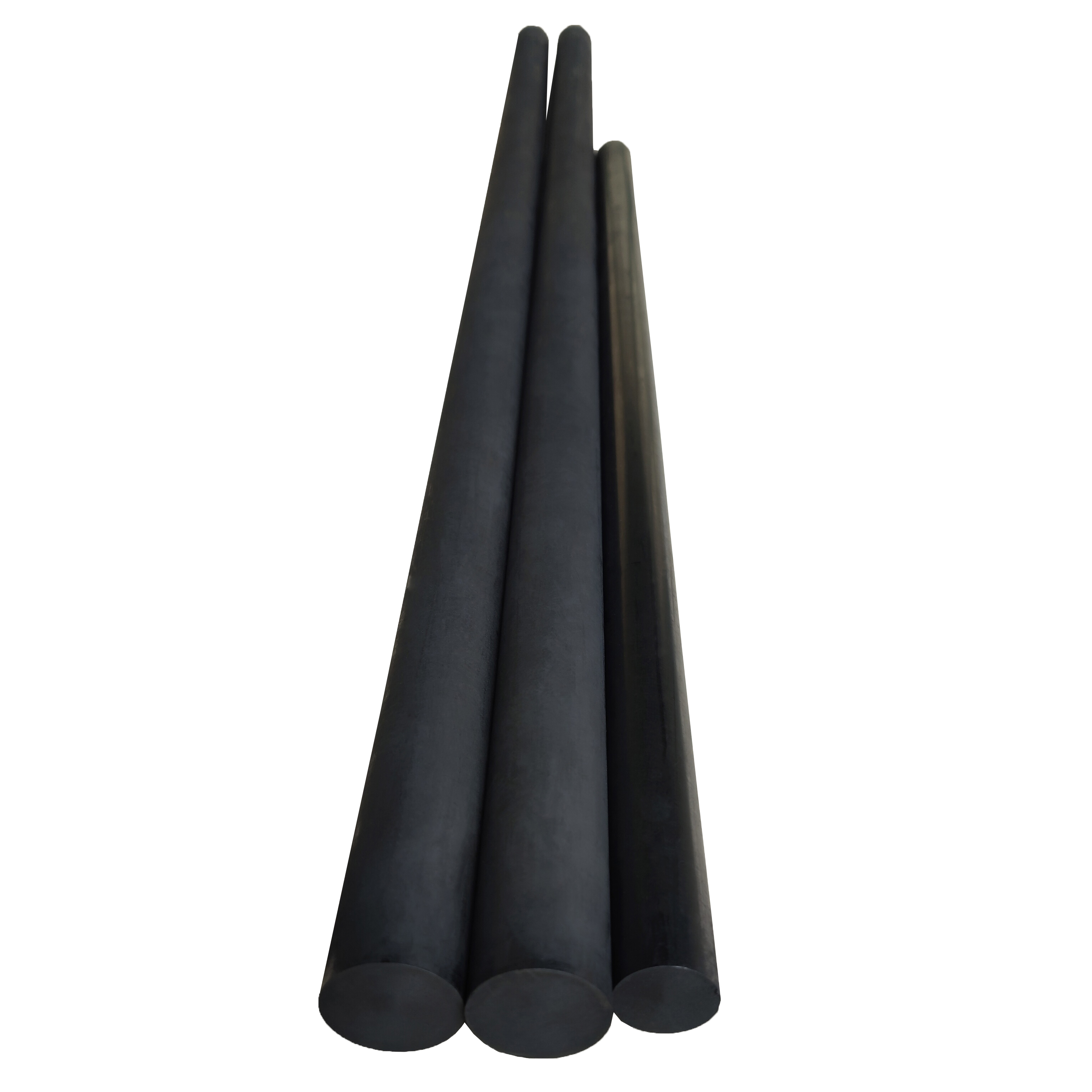 Three large-diameter heavy-duty graphite rods standing vertical display, graphite heating elements for high-temperature furnaces, thermal shock-resistant carbon bars, metallurgical industrial-grade graphite rod material, bulk density ≥1.78g/cm&sup3;