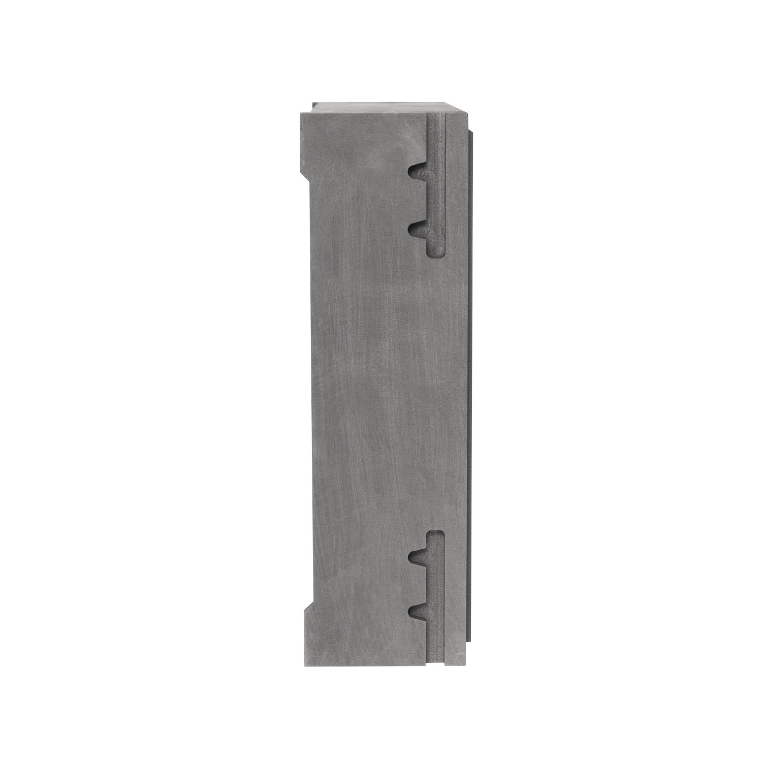 Bottom view of graphite sagger featuring dual symmetrical positioning bosses and grooves for precise alignment with furnace fixtures and adjacent saggers